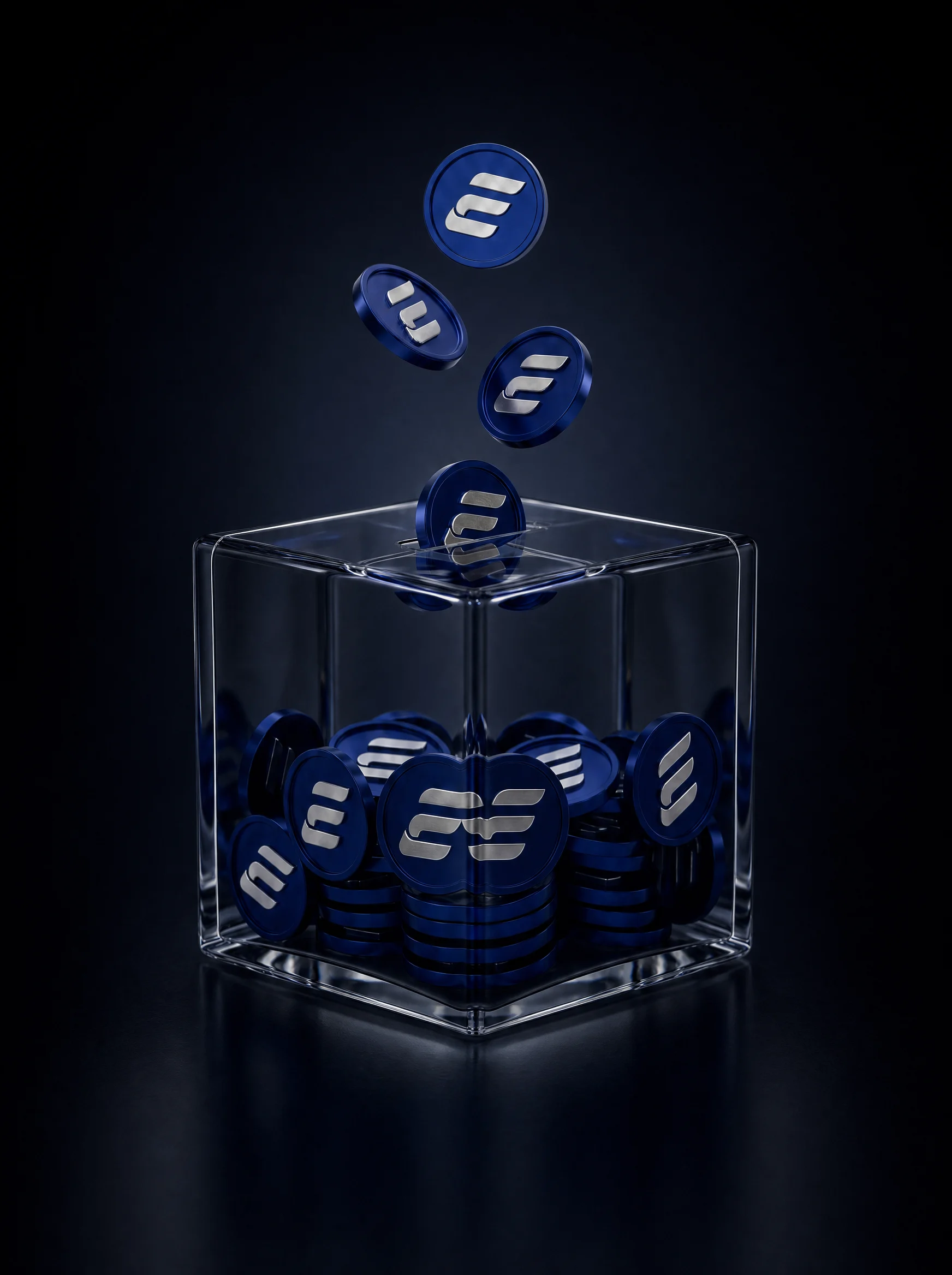 A glass cube filled with blue Erudite-branded coins, with more coins falling in from above.